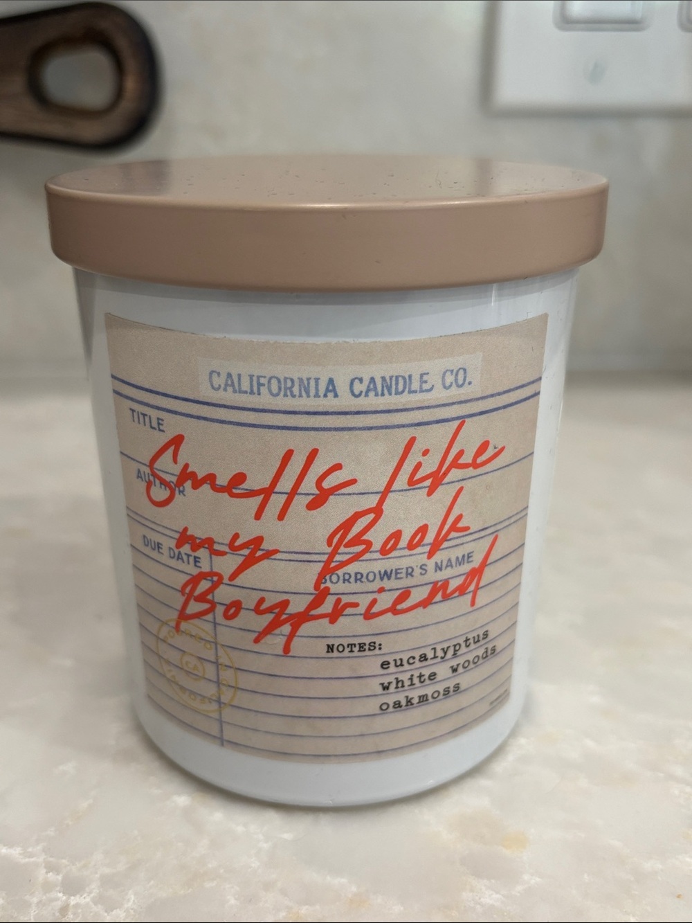 NWT "Smells Like My Book Boyfriend" Candle - White with tan lid